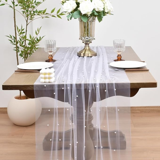 Joanlody Fall Pearl Table Runner 10ft Rustic Boho Tulle Table Runner - Image 2