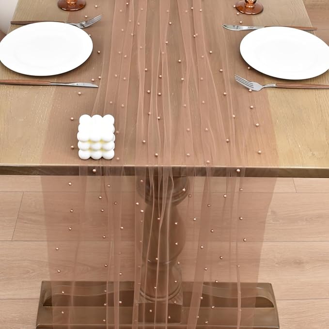 Joanlody Fall Pearl Table Runner 10ft Rustic Boho Tulle Table Runner - Image 5