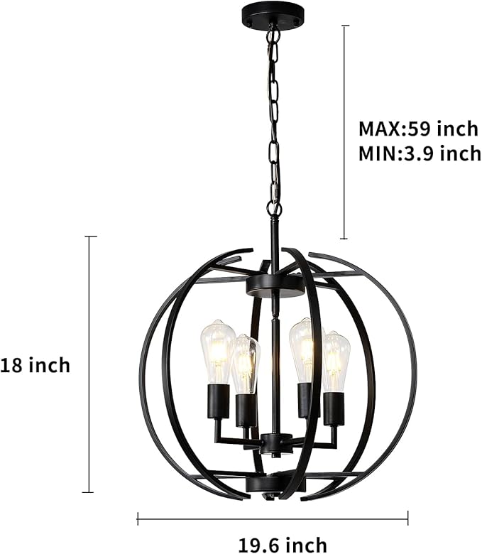 Large Lantern Globe Black Chandelier Lighting, Farmhouse Chandelier Adjustable - Image 6