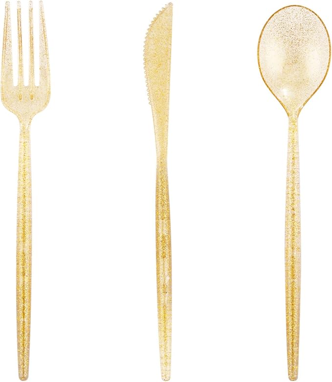 Supernal 180pcs Gold Plastic Silverware Durable Plastic Silverware Gold Glitter by supernal