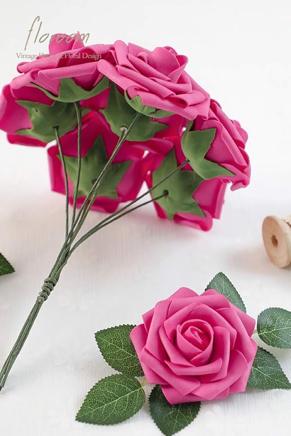 Floroom Artificial Flowers 50pcs Real Looking Hot Pink Foam Fake Roses - Image 6