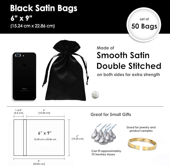 6" x 9" Black Satin Gift Bags, Jewelry Bags, Wedding Favor Drawstring Bags Baby - Image 4