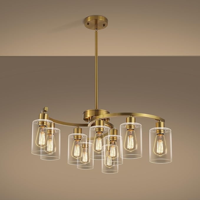9-Light Gold Glass Chandelier, Adjustable Height Dining Room Light Fixtures by CNRATYE
