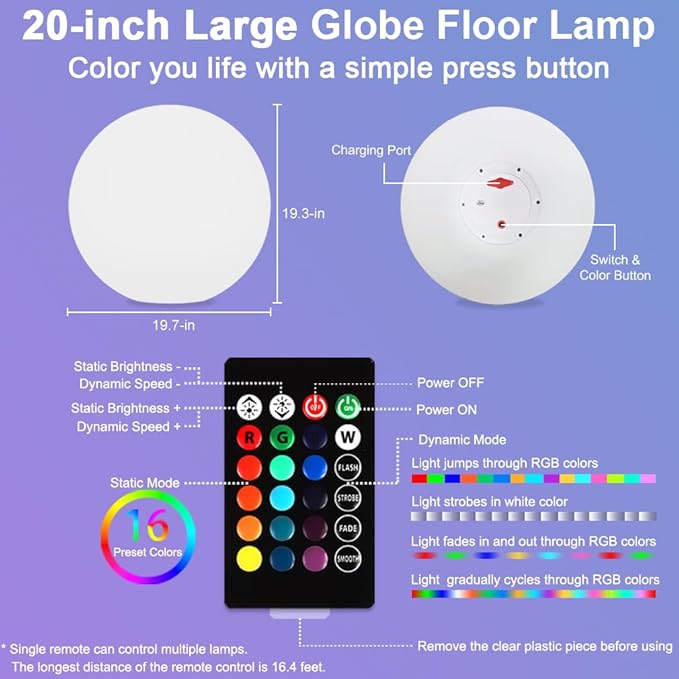 20-in LED Glowing Ball Light, Large Rechargeable LED Globe Orb Light w/Remote - Image 8