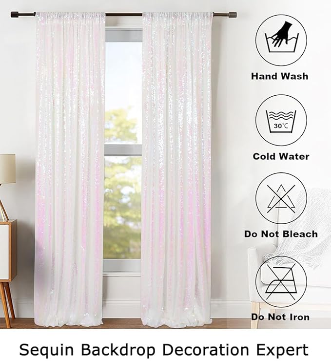 ShinyBeauty Sequin Backdrop Curtains 2FTx8FT 4 Panels Iridescent White - Image 6