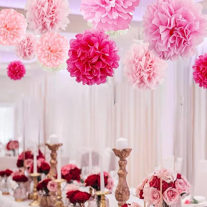12pcs 10in 12in Pink Pack Paper Pom Poms Tissue Paper Party Pink Decor Flower - Image 5