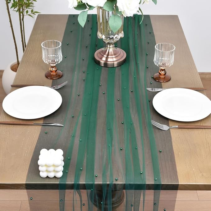 Joanlody Fall Pearl Table Runner 10ft Rustic Boho Tulle Table Runner - Image 3