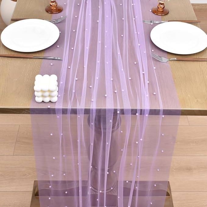 Joanlody Fall Pearl Table Runner 10ft Rustic Boho Tulle Table Runner - Image 5