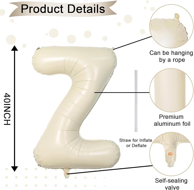 40 Inch Letter Balloons Z, Big Custom A-Z Alphabet Foil Name Balloon Cream White - Image 2