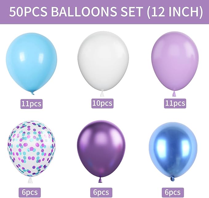 Blue and Purple Balloons Set, Metallic Purple White Latex Ballons Confetti - Image 2