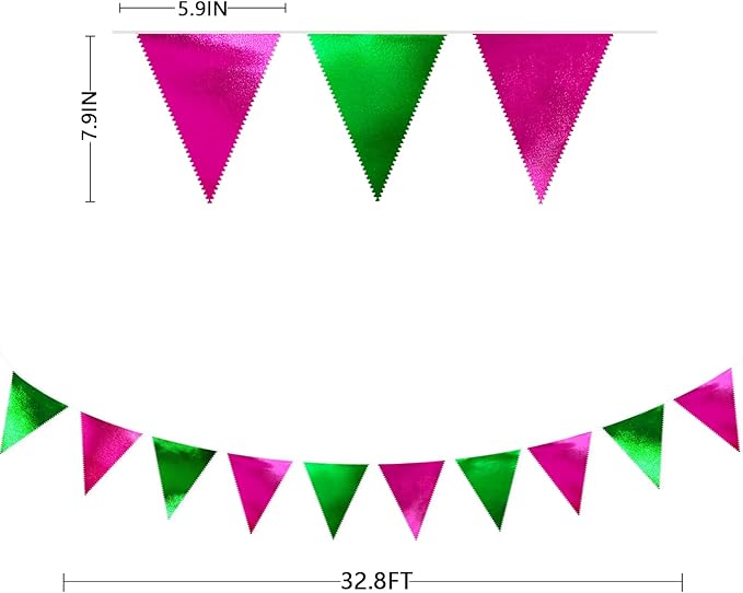 Pink and Green Party Decorations Metallic Hot Pink Light Green Fabric Triangle - Image 2