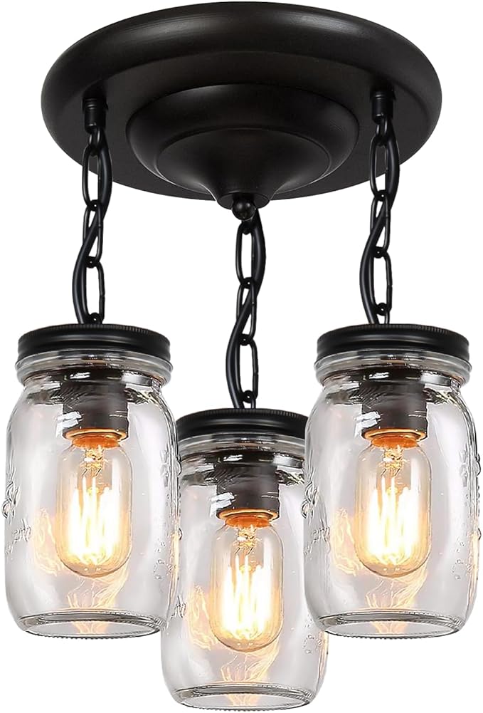 Glass Mason Jar Light Fixtures, 3-Lights Pendant Ceiling Lights Flush Mount by Jasopaco