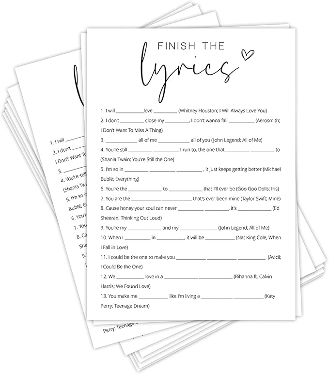 Bridal Shower Games, Finish the Lyrics, Wedding Shower Games by Tsunerrorami