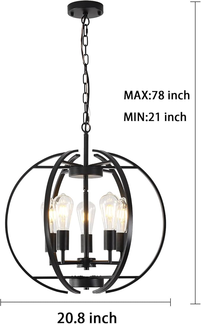 Large Lantern Globe Black Chandelier Lighting, Adjustable Hanging Ceiling - Image 7