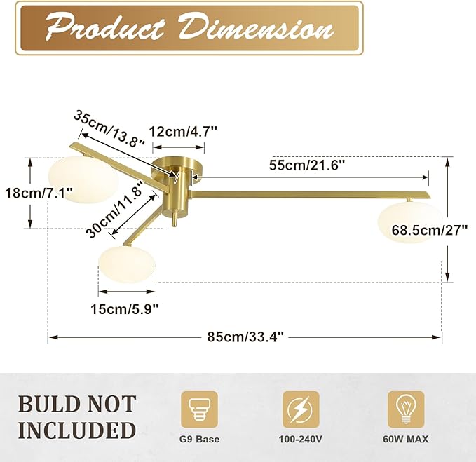 3-Light Gold Semi Flush Mount Ceiling Light, Modern Sputnik Chandelier - Image 3