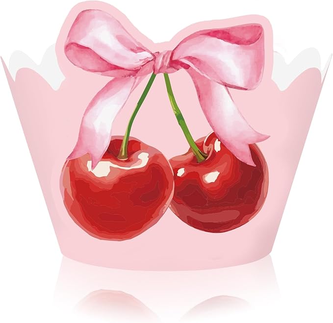 36Pcs Pink Bow Cherry Cupcake Wrappers Pink Red Bowknot Cherry Cupcake Liners by FYSUIMU
