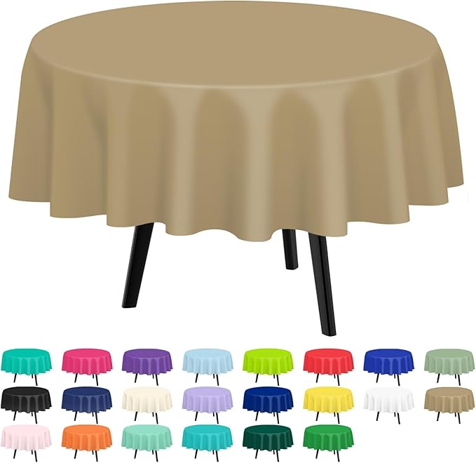 QIKSION Gold Round Tablecloth 2 Pack, 84 Inch Plastic Table Cover Disposable by QIKSION