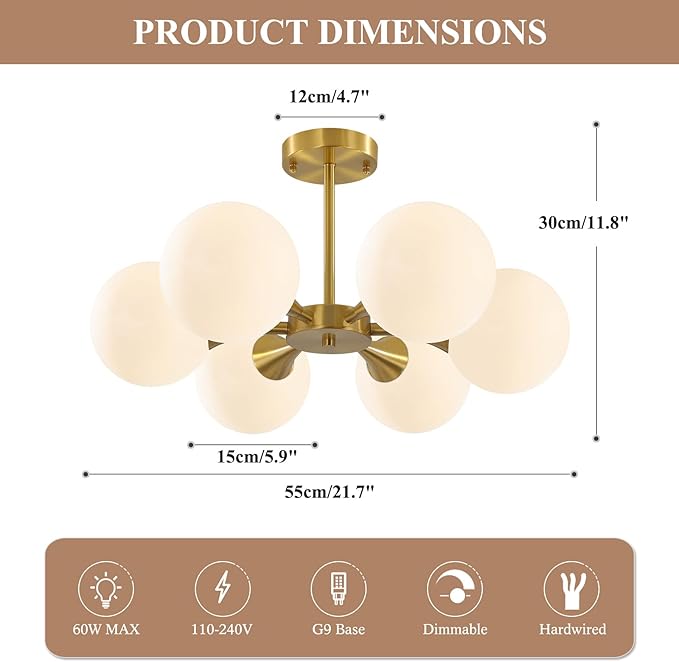 KCO Lighting Brushed Gold Sputnik Flush Mount Ceiling Light Mid Century Modern - Image 2