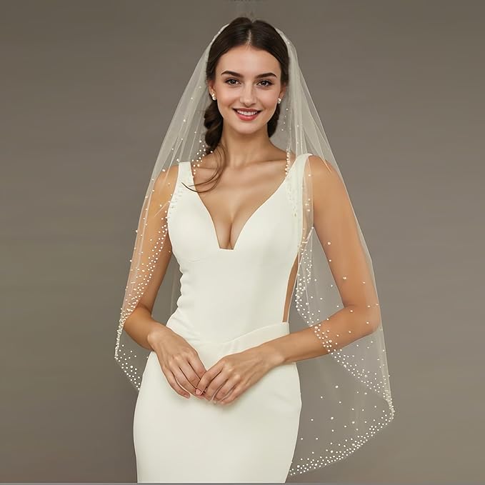 1 Tier Pearl Wedding Bridal Veil - Image 2