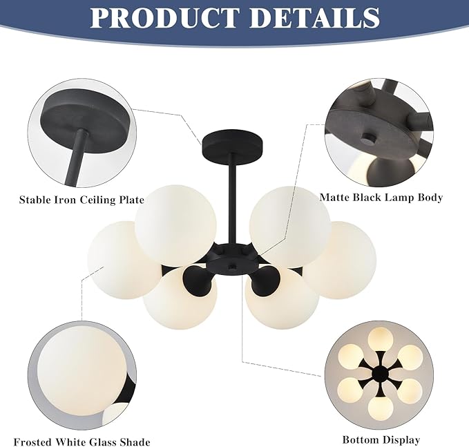KCO Lighting 6 Lights Modern Semi Flush Mount Ceiling Light Fixture Glass Globe - Image 3