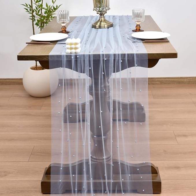 Joanlody Fall Pearl Table Runner 10ft Rustic Boho Tulle Table Runner - Image 6