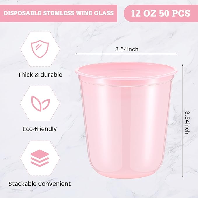 50pcs Disposable Stemless Glasses 12oz Crystal Plastic Wine Glasses Clear - Image 3