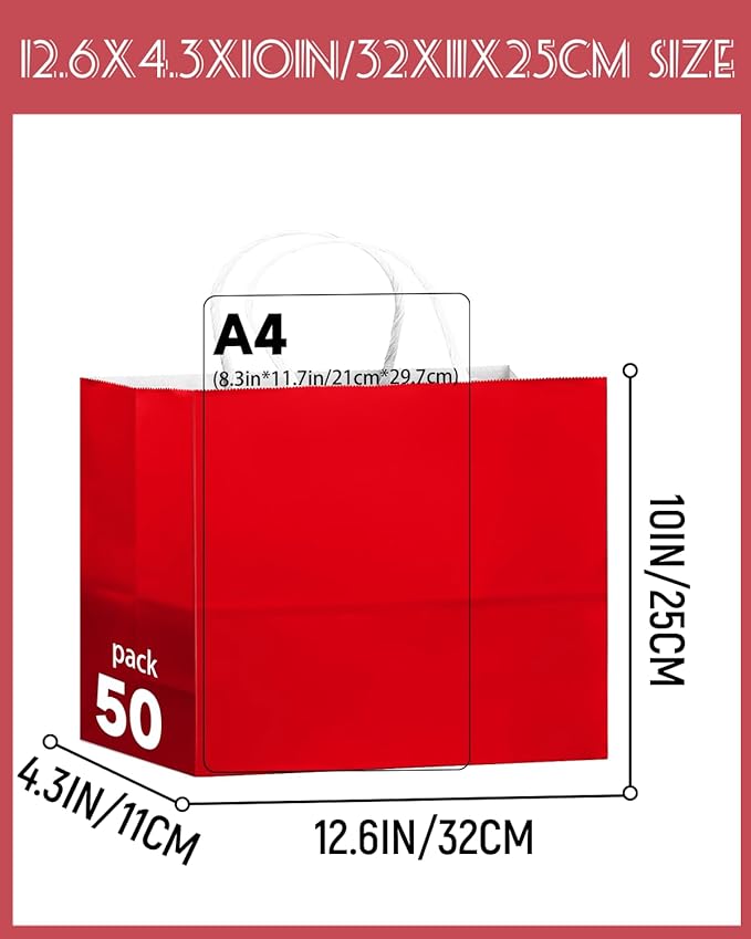 qiqee 50-Packs Red Paper Gift Bags - Image 3