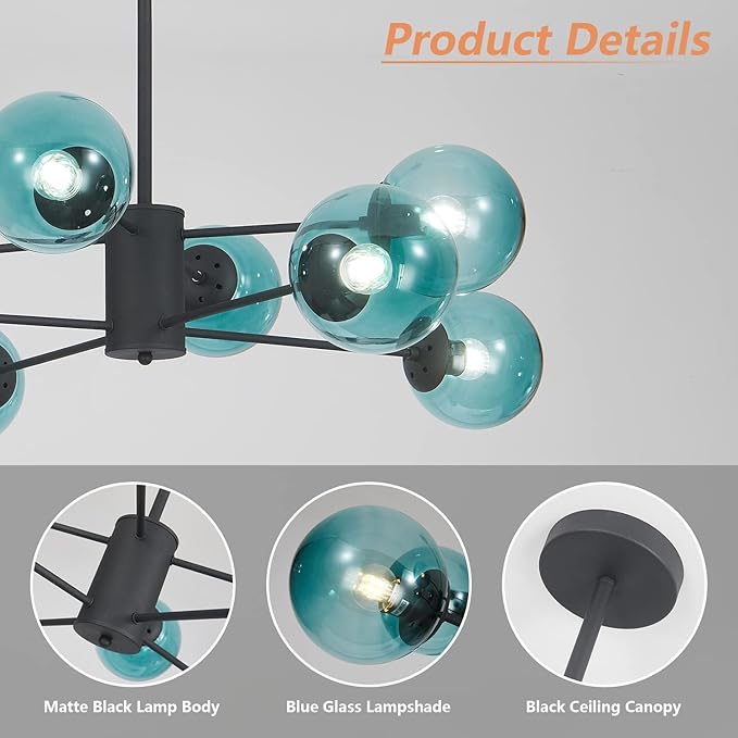 KCO Lighting Modern 8-Lights Blue Glass Sputnik Chandelier Mid-Century Matte - Image 3