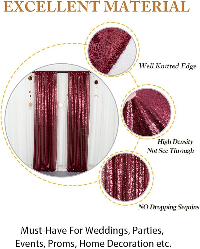 ShinyBeauty Sequin Backdrop 4 Panels Burgundy 2FTx8FT Fabric Photo Curtains - Image 5