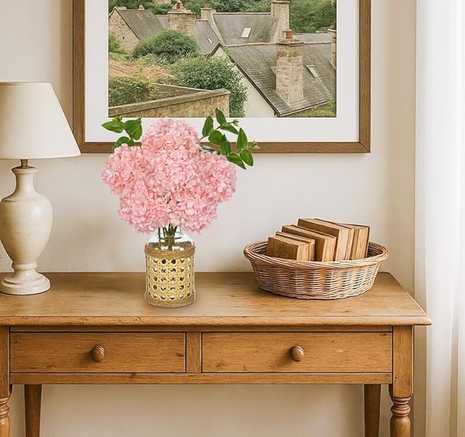 Hollyone Pink Hydrangea Artificial Flowers in Woven Glass Vase - Image 2