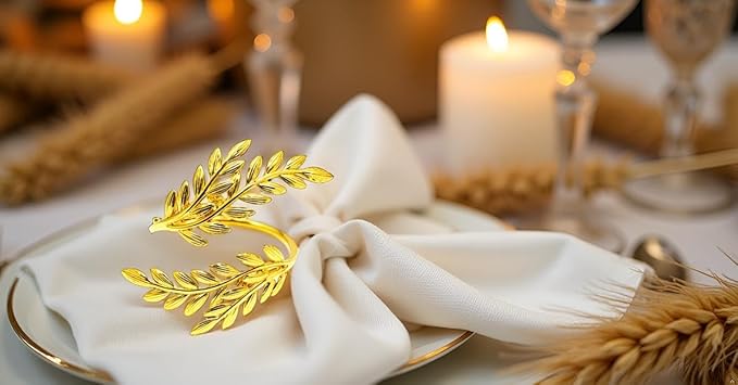 Gold Leaf Napkin Rings Set of 6, Metal Wheat Leaf Napkin Rings - Image 2