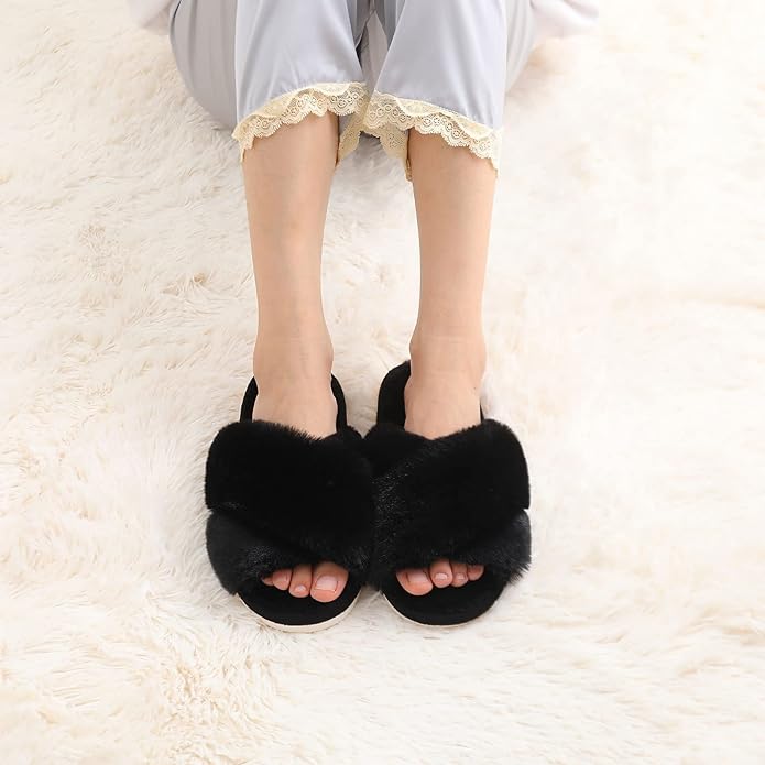 Evshine Women's Fuzzy Slippers Cross Band Memory Foam House Slippers Open Toe - Image 7