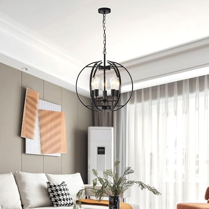 Large Lantern Globe Black Chandelier Lighting, Adjustable Hanging Ceiling - Image 8