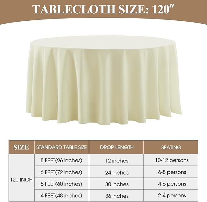Round Tablecloth 120 Inch Tablecloth 8 Pack Ivory Table Cloths Washable - Image 6