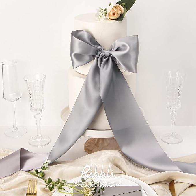 Ribbli Silver Satin Ribbon 4 Inch Wide Silver Ribbon - Image 3