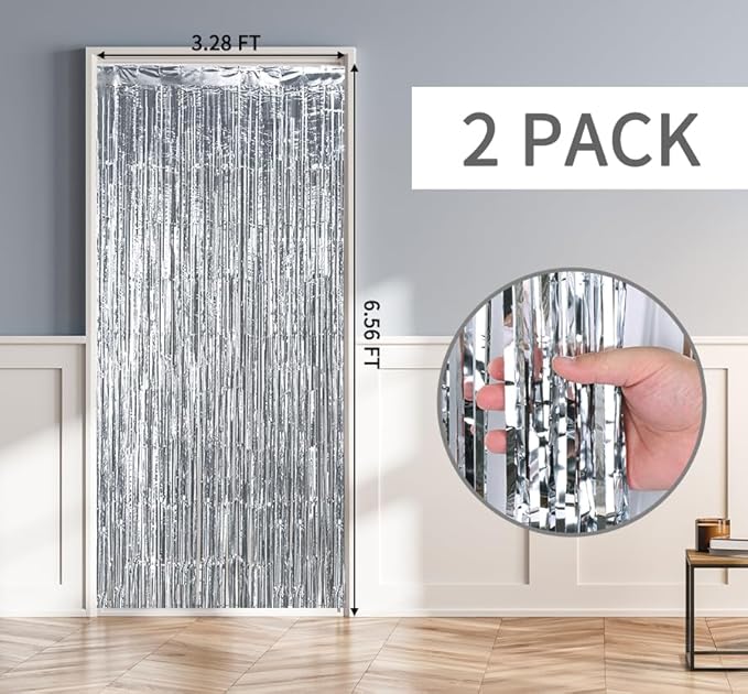 RUBFAC 2 Pack Silver Tinsel Backdrop Party Decorations Foil Fringe Curtains - Image 2