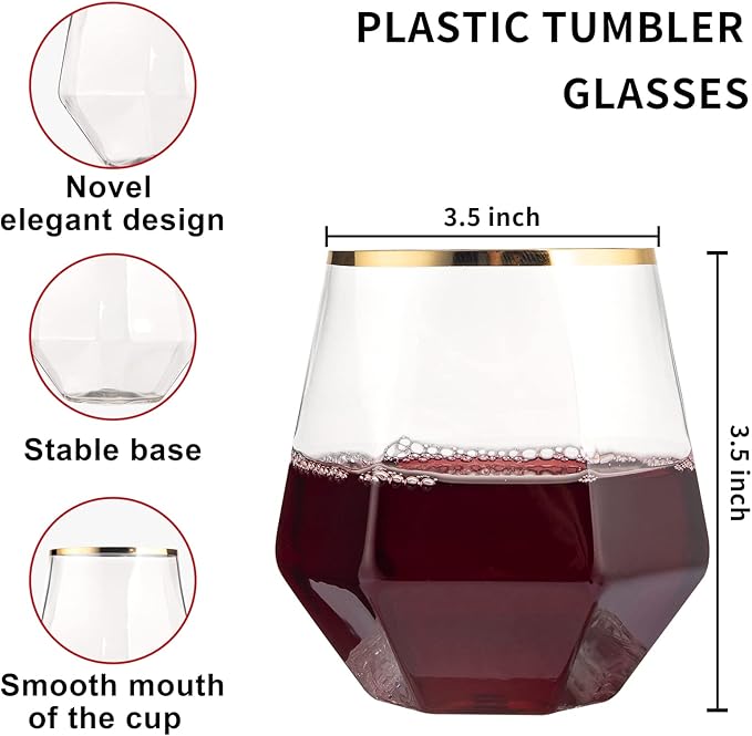 LUODA 32 Pack Gold Plastic Stemless Wine Glasses, 12 Oz Disposable Diamond - Image 2
