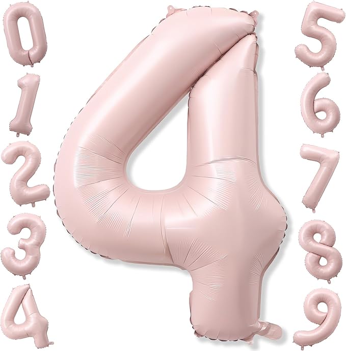 40 Inch Pastel Pink Number Balloon 4, Large Self Inflating Retro Dusty Pink by KAINSY