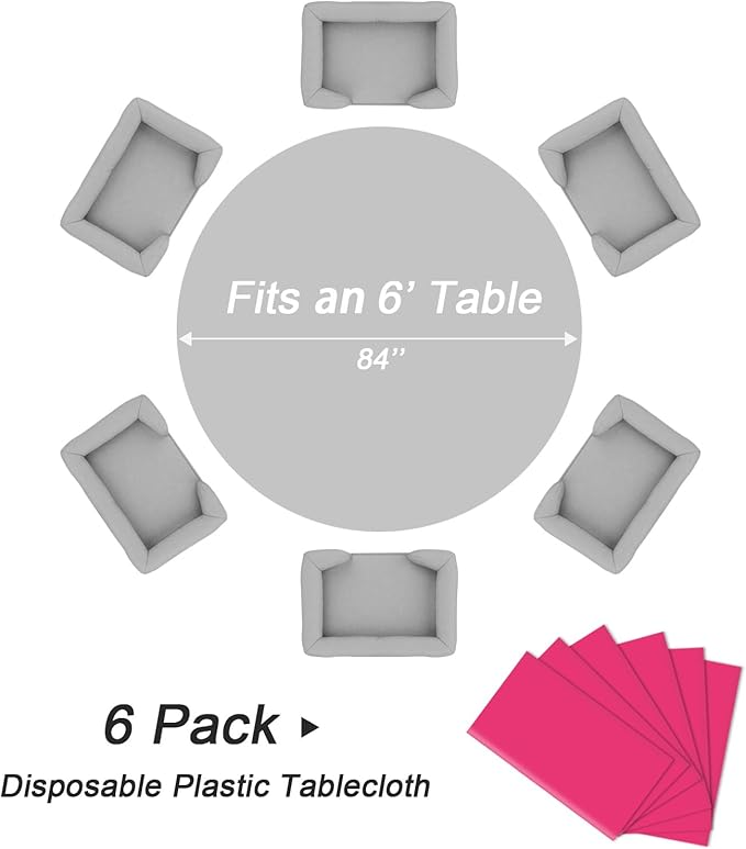QIKSION Hot Pink Round Tablecloth 6 Pack, 84 Inch Plastic Table Cover Disposable - Image 5