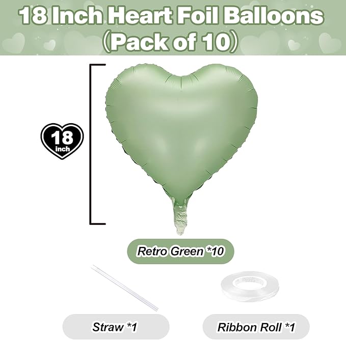 Sage Green Heart Foil Balloon, Light Green Heart Shaped Mylar Balloons - Image 2