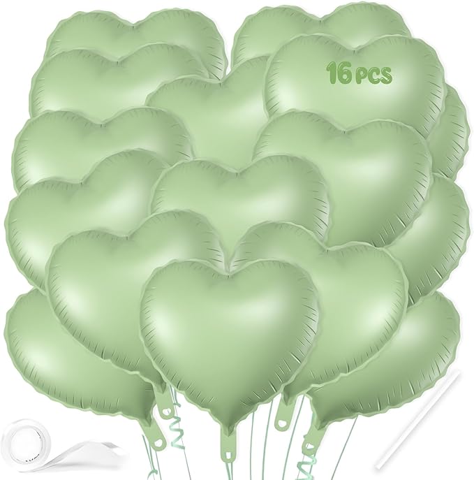 16 Pcs Heart Balloons, 18 Inch Olive Green Love Heart Shaped Foil Balloons by VHUWE