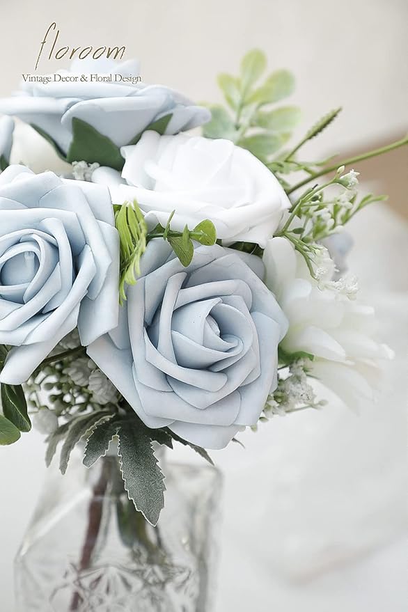 Floroom Artificial Flowers 50pcs Real Looking Powder Blue Foam Fake Roses - Image 4