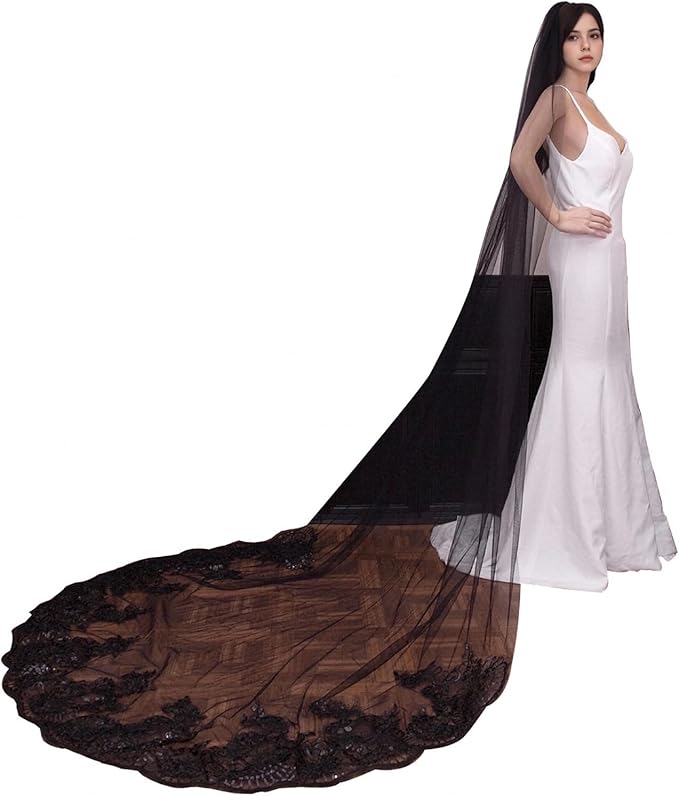 Bridal Veil long Cathedral Length Lace Sequins Edge 1 Tier Wedding Veil by Unknown