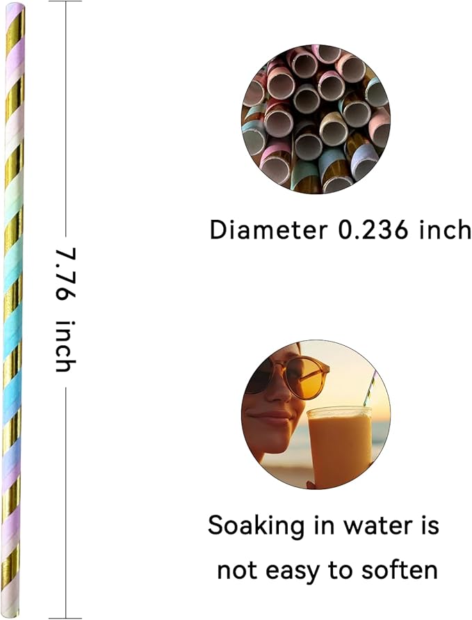 YAOSHENG Pink & Gold Paper Straws Disposable, 100% Biodegradable Multi-Pattern - Image 6
