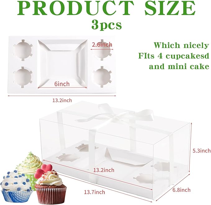 JCD 3pcs Clear Cupcake Boxes Combo, Cake and Cupcakes Box 1+4 Bento Box - Image 3