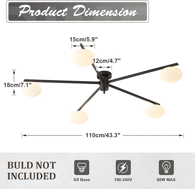 5 Lights Mid Century Modern Black Sputnik Semi Flush Mount Ceiling Light - Image 2
