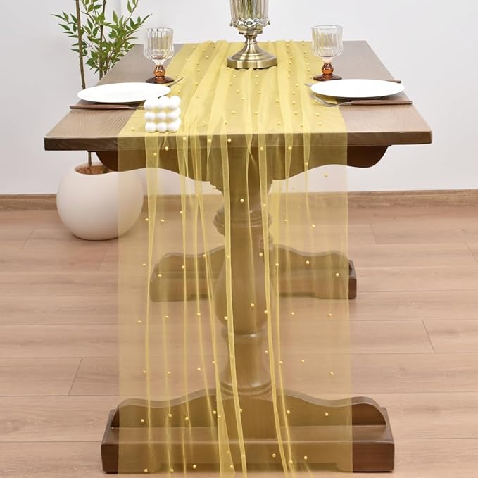 Joanlody Fall Pearl Table Runner 10ft Rustic Boho Tulle Table Runner - Image 6