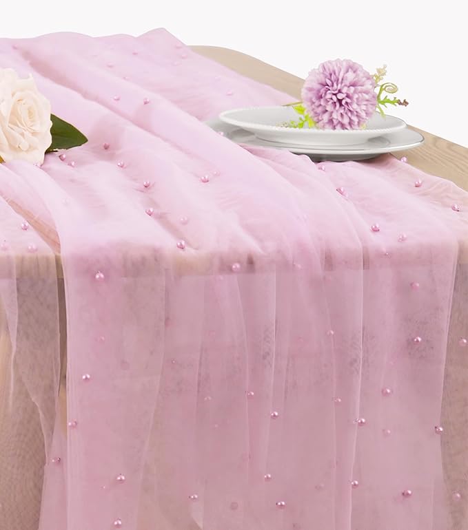 Pearl Table Runner 29 x 120 Inch Tulle Fabric Lace Table Runners Boho Rustic by JALANCY