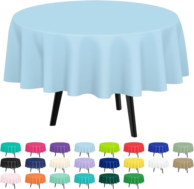QIKSION Light Blue Round Tablecloth 2 Pack, 84 Inch Plastic Table Cover by QIKSION