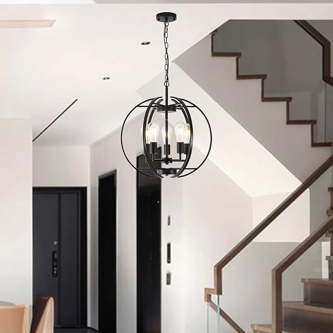 Large Lantern Globe Black Chandelier Lighting, Adjustable Hanging Ceiling - Image 5